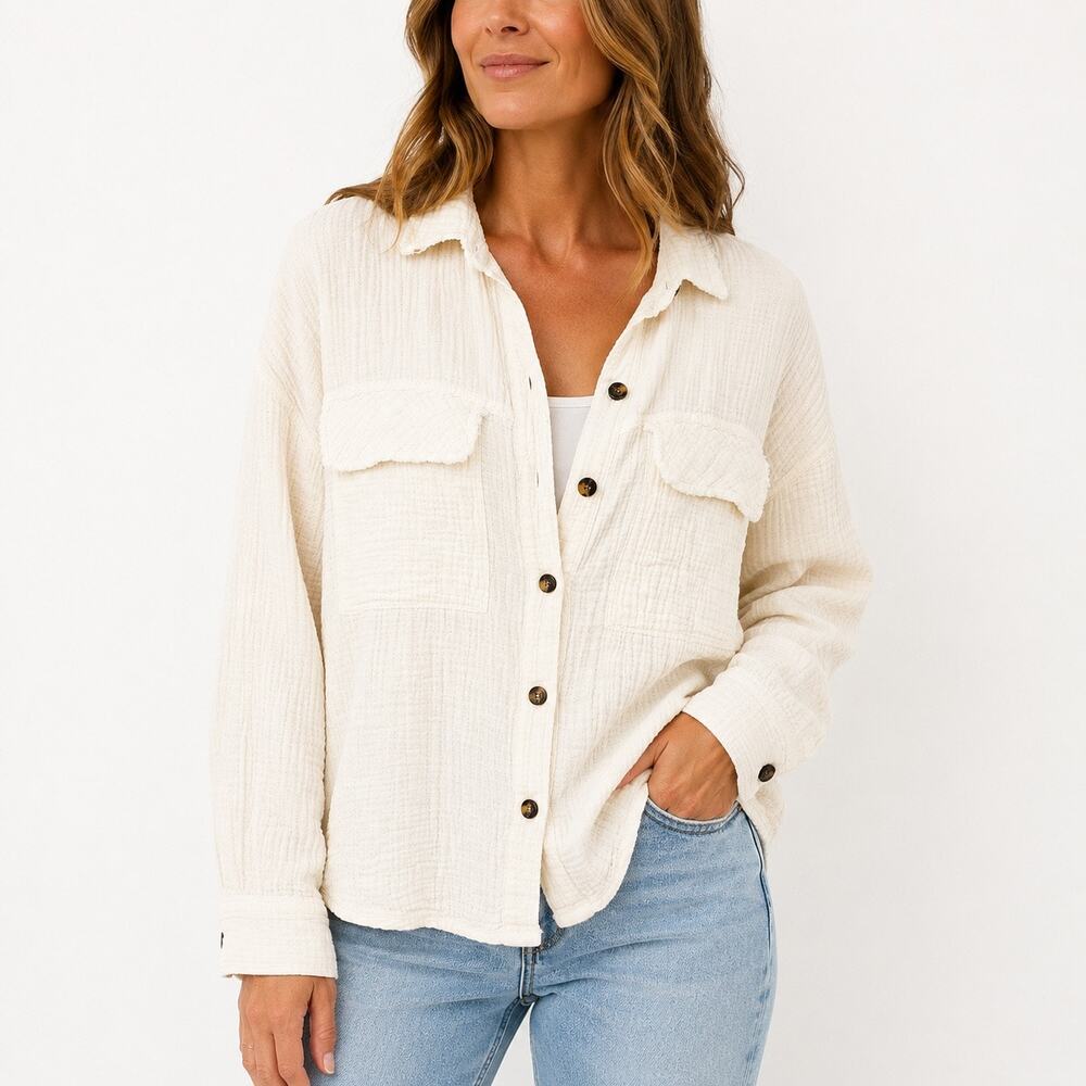 Supply & Co. Ivory Cotton Gauze Button Front Shacket Sz S